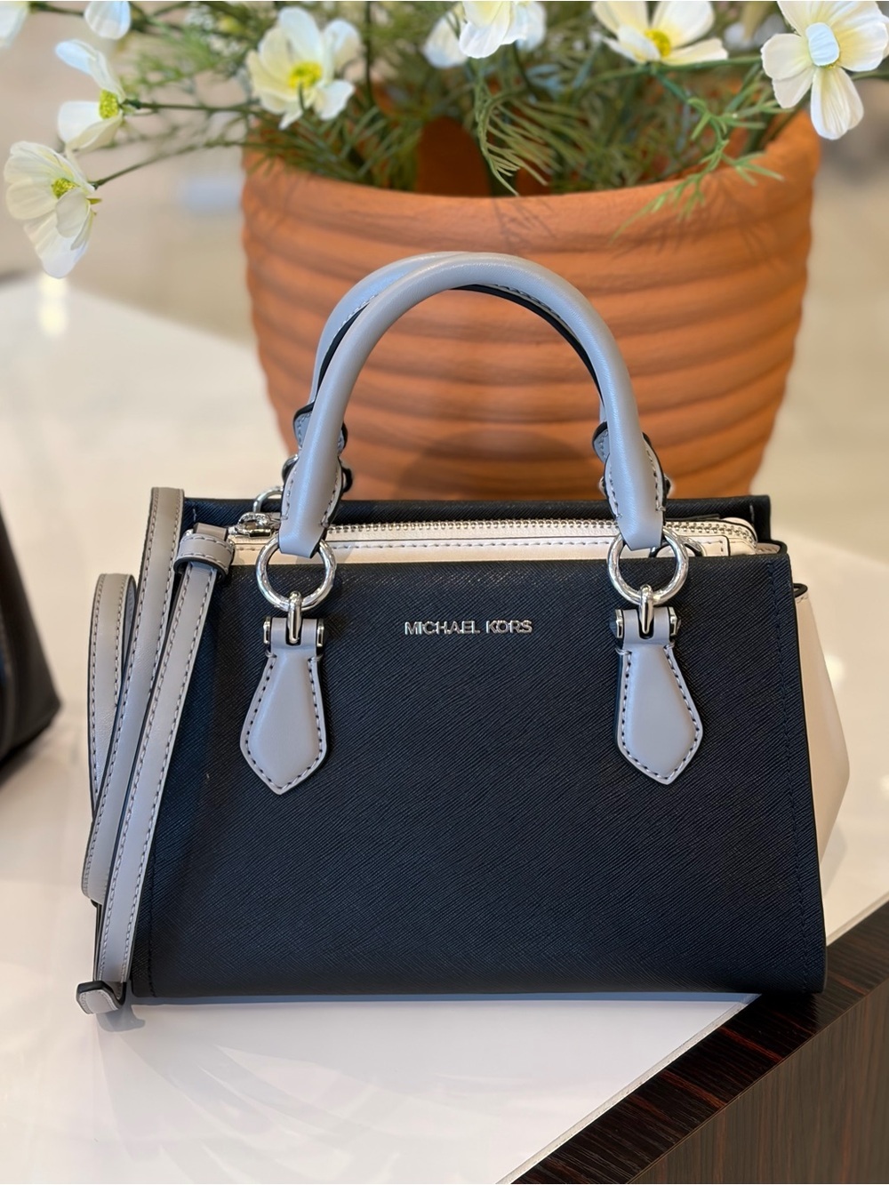 MICHAEL KORS Black, Light Gray and White Satchel